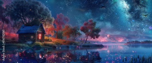 A Small Wooden House By The Lake, Surrounded By Trees And Grassland Under Starry Sky, Reflection In Water, Night Scene, Colorful Lights  © AnimeBG