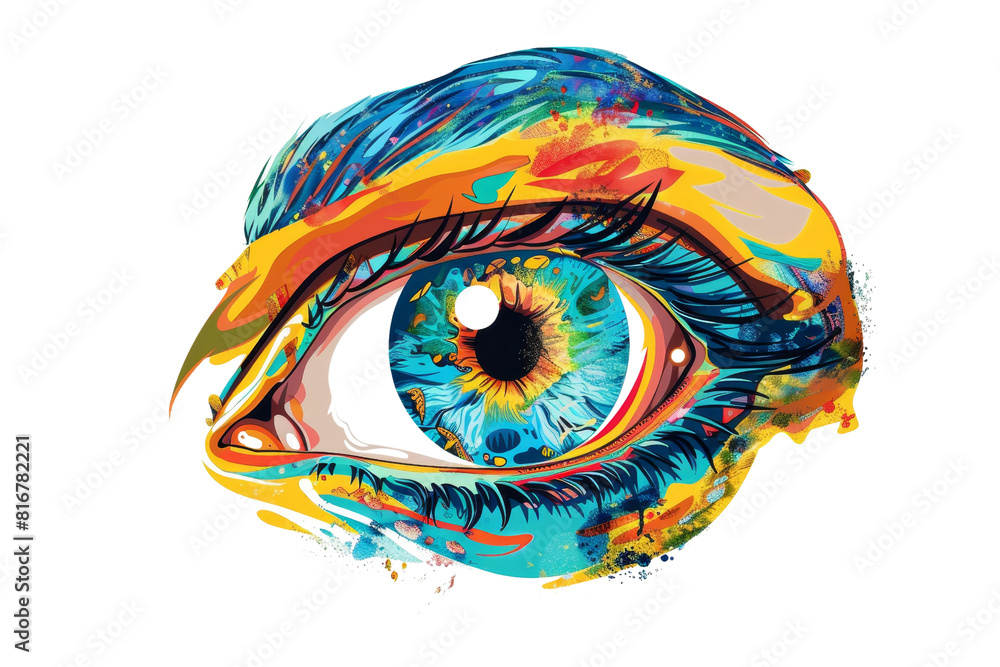 Obraz premium A colorful eye with a rainbow colored iris. The eye is the main focus of the image, and the colors of the iris and the frame create a vibrant and lively atmosphere
