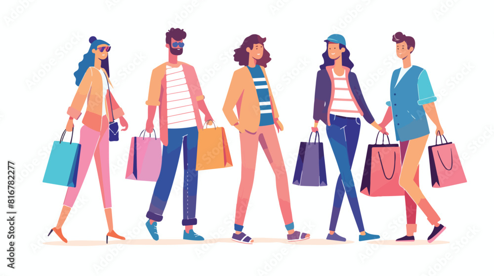 People shopping flat vector illustrations Four. Happy