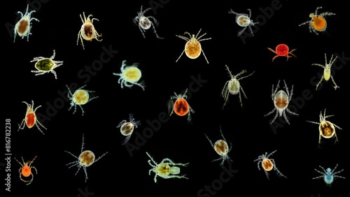 Collection of different water mites Hydrachnidia and Halacaroidea under a microscope.