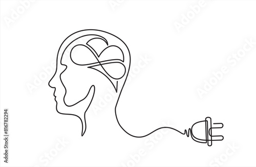 Continuous one line drawing of head person and brain with plug. Concept of burnout syndrome and tired at work in simple linear style. Doodle Vector illustration