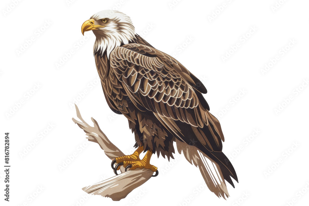 Obraz premium A large eagle is perched on a branch. The bird is brown and white, with a yellow beak. Concept of freedom and strength, as the eagle is a symbol of power and independence