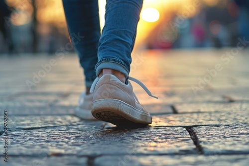 Closeup of a person's shoe with the shoelace untied against a sunset backdrop photo