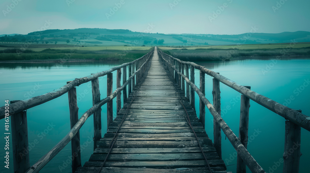 Long wooden bridge across a large river