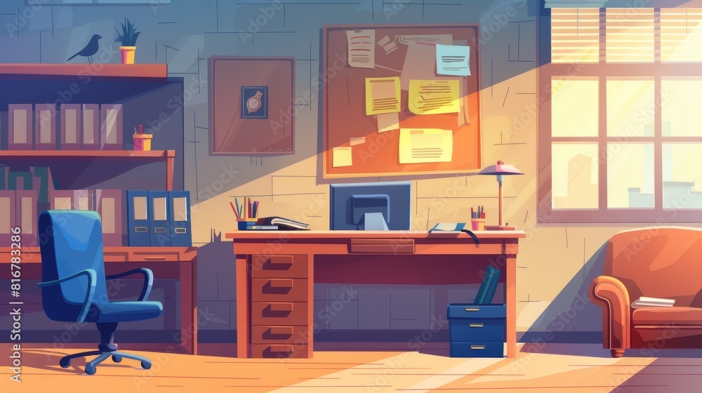 Interior of a detective office. A modern illustration of a police station room with a white wall, a computer, an armchair, and a shelf with case documents. Interior of a detective office. A modern illustration of a police station room with a white wall, a computer, an armchair, and a shelf with case documents.