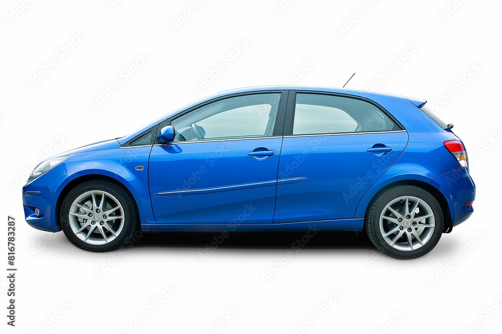 A blue car is parked on a white background