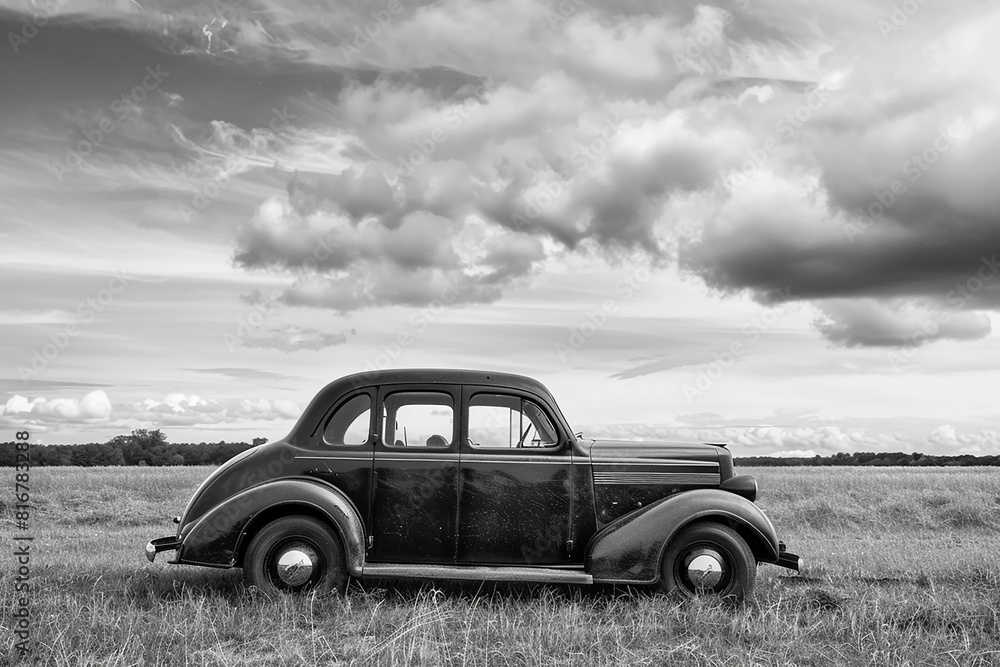 Fototapeta premium A black car is parked in a field