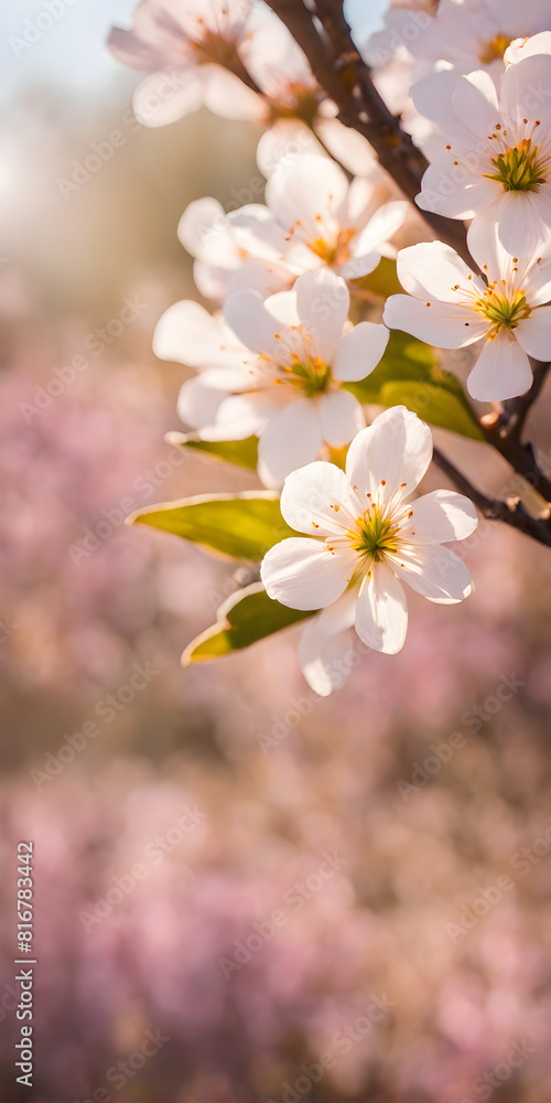 Cherry blossom in full bloom against stark minimalist landscape. Soft spring breeze brings petals to life Cherry blossom in full bloom against stark minimalist landscape. Soft spring breeze brings petals to life