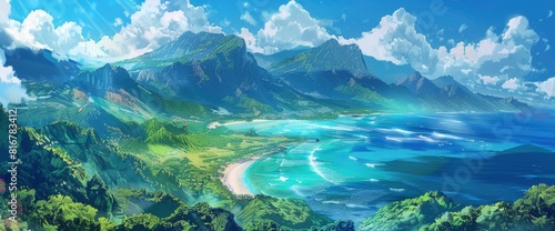 A Vast Ocean, A Sandy Beach On The Shore Of An Island In The Distance, Mountains With Green Vegetation And Clouds Overhead   photo