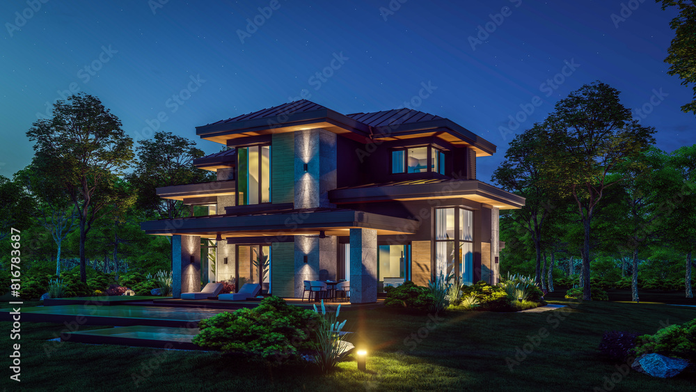 3d rendering of modern two story house with gray and wood accents in night 3d rendering of modern two story house with gray and wood accents in night