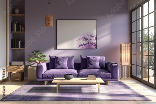 Purple japan interior style has a armchair sofa on living room minimal 3D