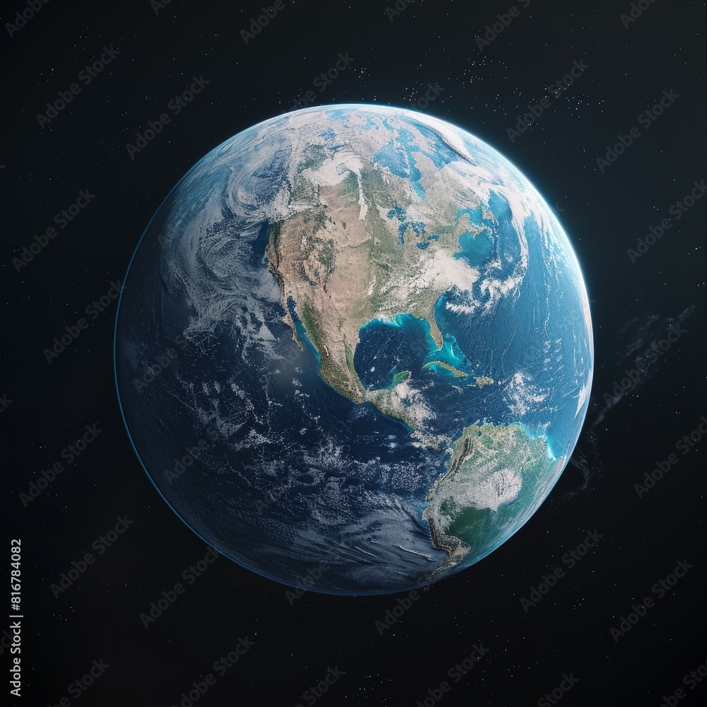 Obraz premium A blue and green planet with the continents of North America and South America