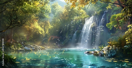 Colorful fantasy forest with waterfall and turquoise lake in Plite??c"?,date background, colorful fantasy forest with waterfalls and clear bluegreen lakes in sunny day, colorful fantasy 