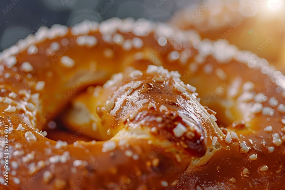 Detailed macro image capturing the texture and glossy shine of a salted pretzel Detailed macro image capturing the texture and glossy shine of a salted pretzel