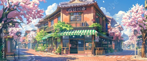A Vibrant Street Scene With An Old Building Adorned In Warm  Terracotta Tones And Surrounded By Blooming Cherry Blossoms