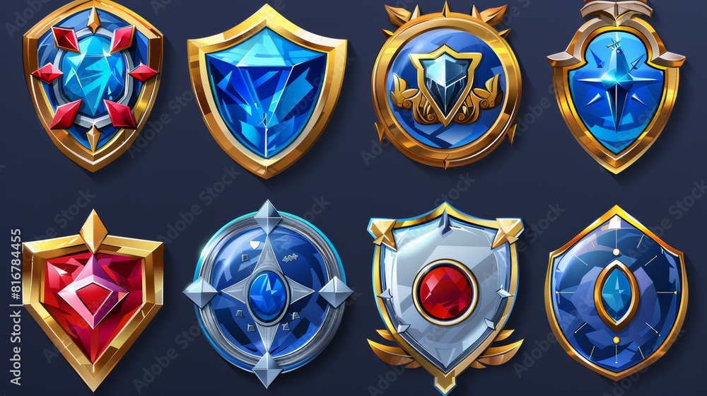 Isolated game rank badges set with golden and silver frames. Blue and red gemstone buttons, level progress icon, rating emblem, war trophy illustration. Isolated game rank badges set with golden and silver frames. Blue and red gemstone buttons, level progress icon, rating emblem, war trophy illustration.