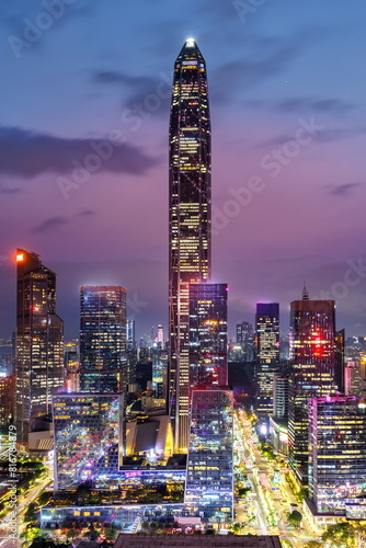 Shenzhen skyline cityscape with skyscrapers in downtown at twilight portrait format in Shenzhen, China