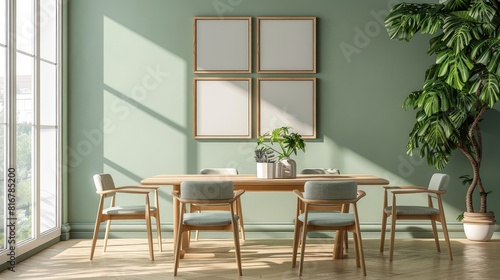 Modern dinning table and chairs    with wall poster mockup frames 