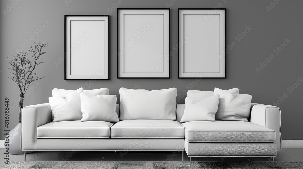 Modern living room interior with comfort white sofa and pillows , contrast wall poster mockup frames , dry plant in glass vase Modern living room interior with comfort white sofa and pillows , contrast wall poster mockup frames , dry plant in glass vase