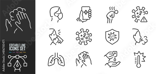 A simple set of vector line icons related to coronavirus defence. Contains icons such as protective measures, coronavirus symptoms, incubation period and more. Editable stroke.