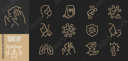 A simple set of vector line icons related to coronavirus defence. Contains icons such as protective measures, coronavirus symptoms, incubation period and more. Editable stroke.