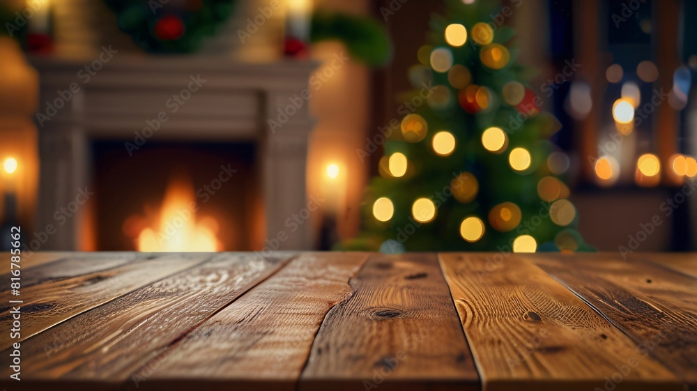 Wood table with blurry christmas tree and fireplace background Wood table with blurry christmas tree and fireplace background