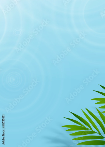 Summer Background,Blue Water waves surface and Green Palm Leaves with Sunlight, Shadow on swimming pool,Tropical Coconut Leaf under water ripples texture,Top view Poolside for cosmetic product present