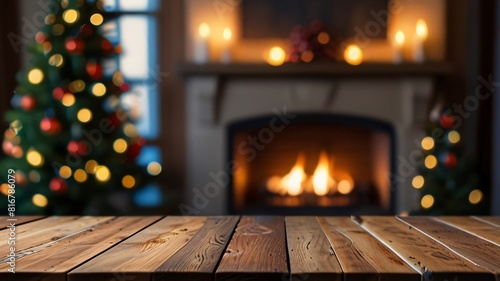 Wood table with blurry christmas tree and fireplace background