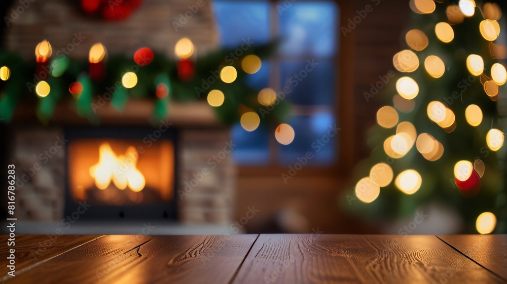 Wood table with blurry christmas tree and fireplace background Wood table with blurry christmas tree and fireplace background
