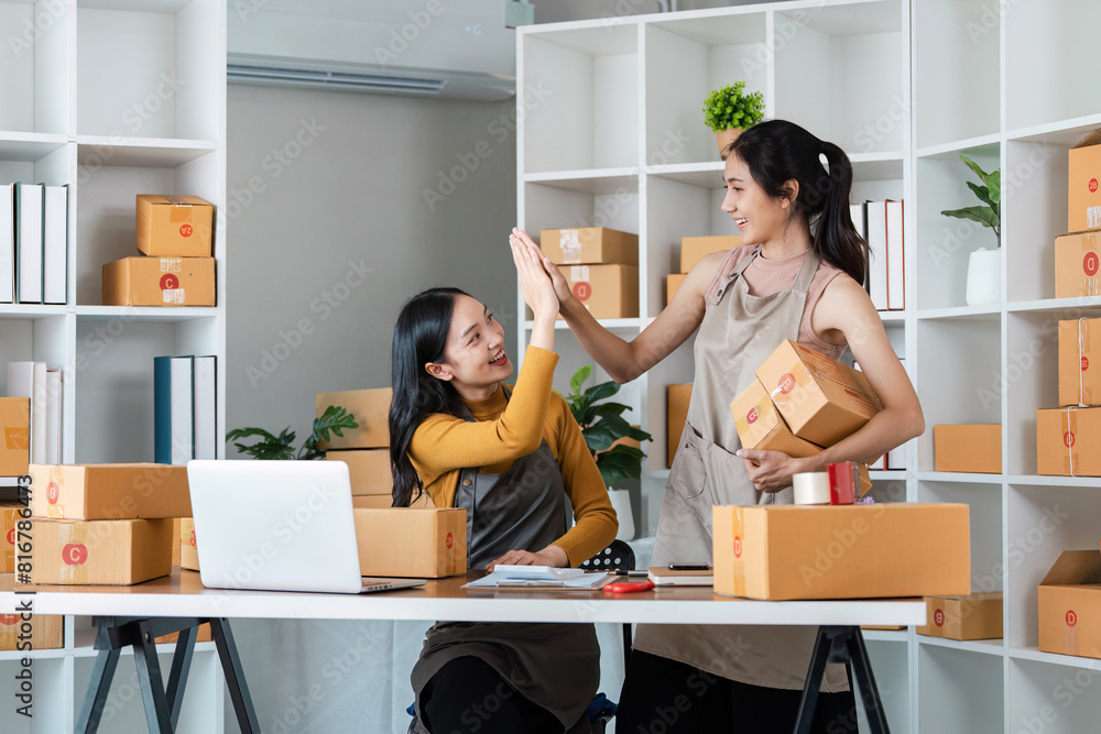 Business Ecommerce success, Female online store owners giving each other a high five in celebration Business Ecommerce success, Female online store owners giving each other a high five in celebration