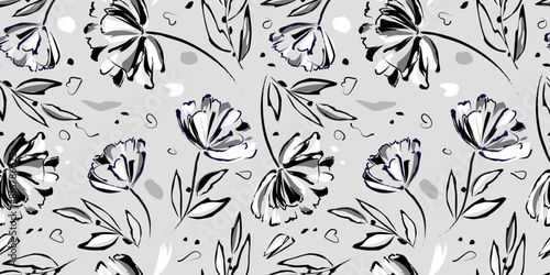 Seamless floral pattern with hand drawn flower garden and leaf background elements