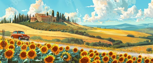 A Vintage Car Is Driving Along An Italian Country Road  Surrounded By Sunflowers And Rolling Hills