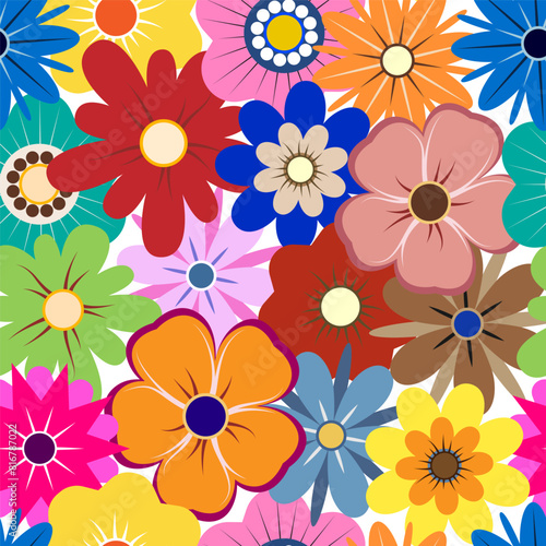 Abstract flowers, geometric shapes, top view. Spring and summer flora seamless pattern. Bright botanical elements in a flat design