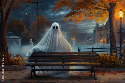Ghost Sitting on Park Bench in Autumn. Generative ai photo