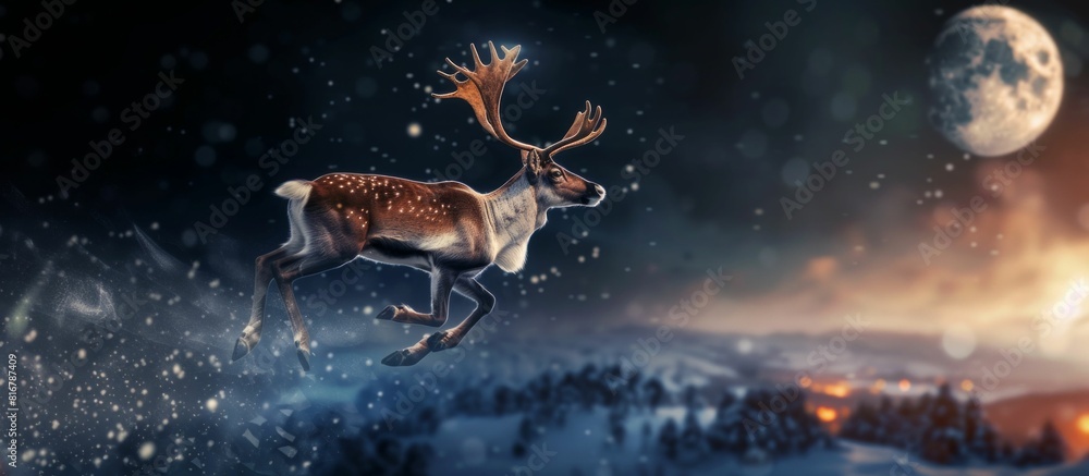 Flying Reindeer with Moonlit Background. Generative ai Flying Reindeer with Moonlit Background. Generative ai