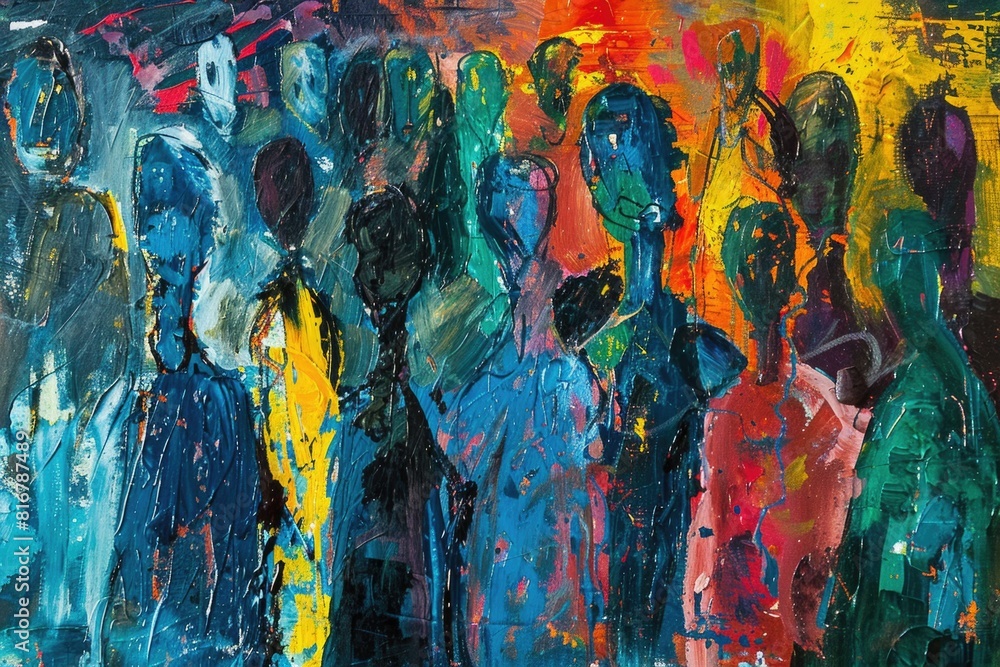 A painting of a diverse group of people standing together. Ideal for diversity and teamwork concepts