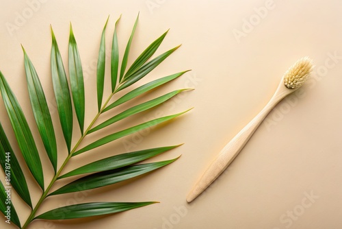 Bamboo toothbrush and green palm leaf on beige background.