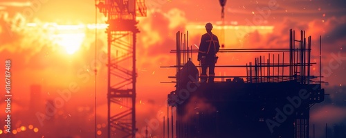 Baglifting robot on a construction site, selective focus, laborsaving theme, vibrant, Silhouette, building project photo