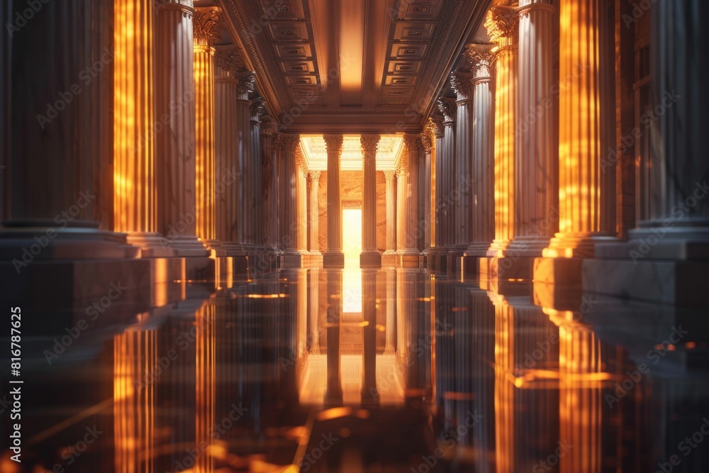 Obraz premium Illuminated Hallway with Classical Columns. Generative ai