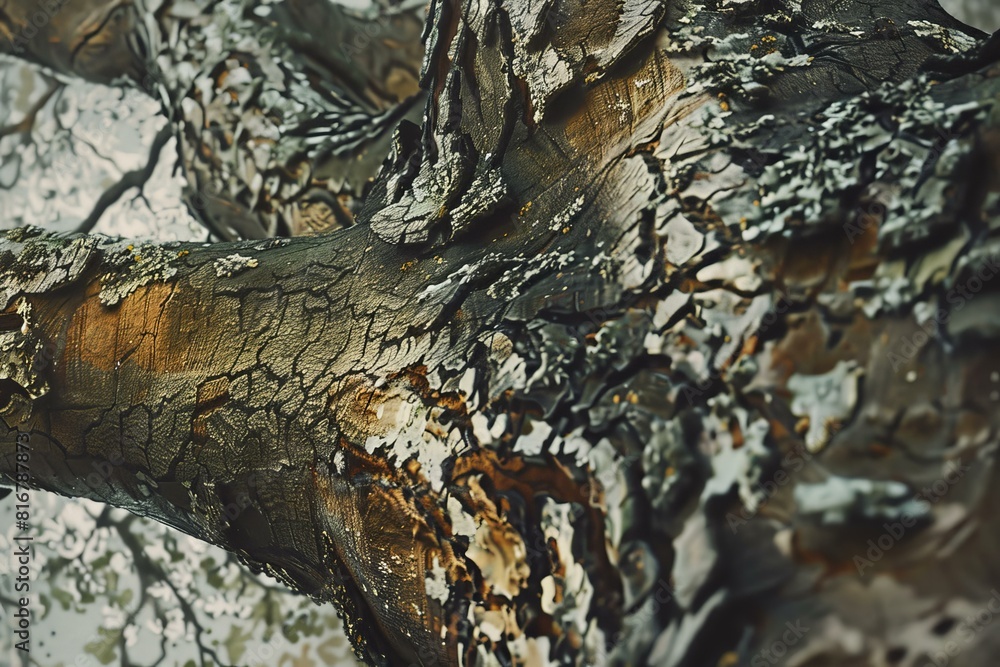 High detail closeup of a tree bark with intricate patterns and lichen growth High detail closeup of a tree bark with intricate patterns and lichen growth