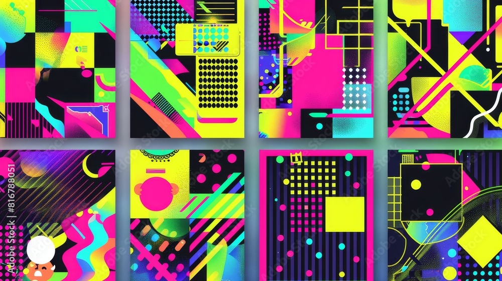 On an acid neon green background, this poster design template contains simple abstract geometric grid elements, fluid patterns, typography, and sticker icons. On an acid neon green background, this poster design template contains simple abstract geometric grid elements, fluid patterns, typography, and sticker icons.