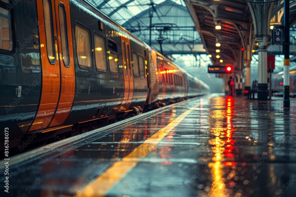 Arriving at the train station as the train departs, selective focus, missed opportunity theme, realistic, Composite, railway platform Arriving at the train station as the train departs, selective focus, missed opportunity theme, realistic, Composite, railway platform