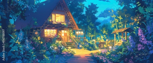 A Wooden Cabin In The Woods, In The Style Of Anime, Colorful, At Nighttime, With A Beautiful Sky And Clouds, Nice Lighting, Beautiful Colors  © AnimeBG