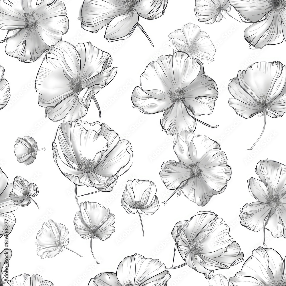 Chamomile flowers and leaves pencil drawn ornament pattern
