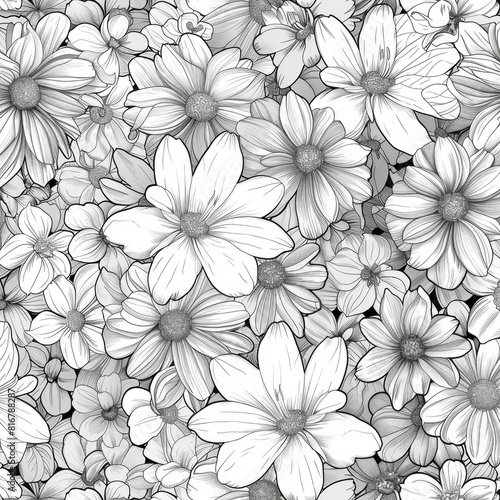 Chamomile flowers and leaves pencil drawn ornament pattern