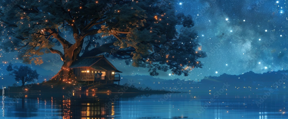 A Wooden House Under The Big Tree, With Lights On Inside And Stars In The Sky Reflected In The Water