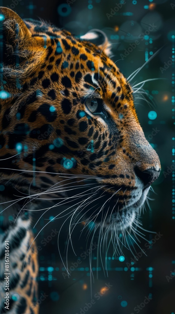 A close up of a jaguar in the wild at night with green bokeh in the background. A close up of a jaguar in the wild at night with green bokeh in the background.