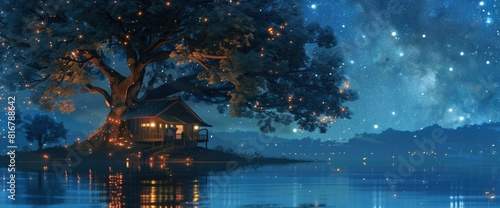 A Wooden House Under The Big Tree, With Lights On Inside And Stars In The Sky Reflected In The Water © AnimeBG