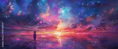 A Young Boy Stands On The Shimmering Sea, Gazing At The Sky Filled With Stars And Colorful Clouds