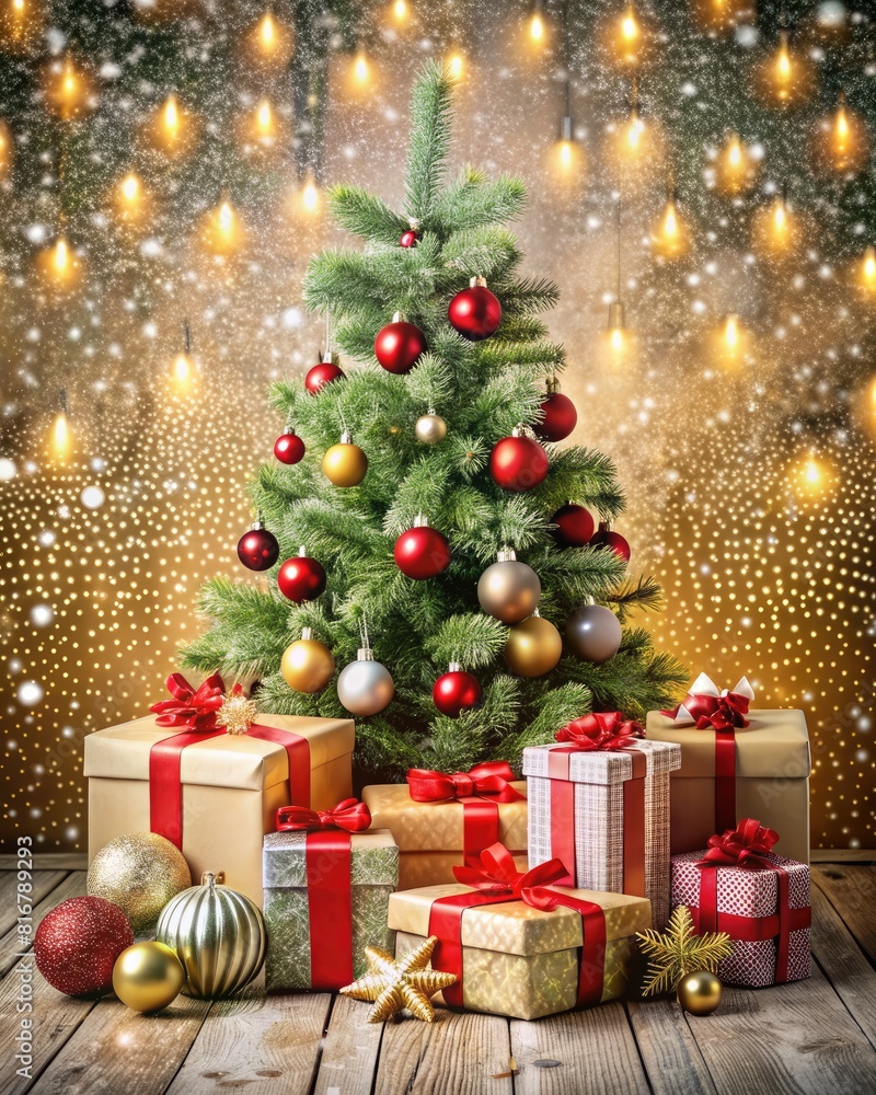 Christmas tree with gifts on a wooden table. Christmas background.